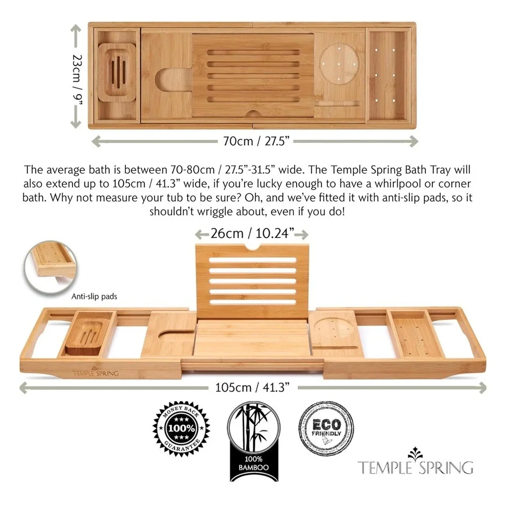 Temple Spring Bamboo Bathtub Caddy Tray Expandable Bath Organizer‎ Natural Wood